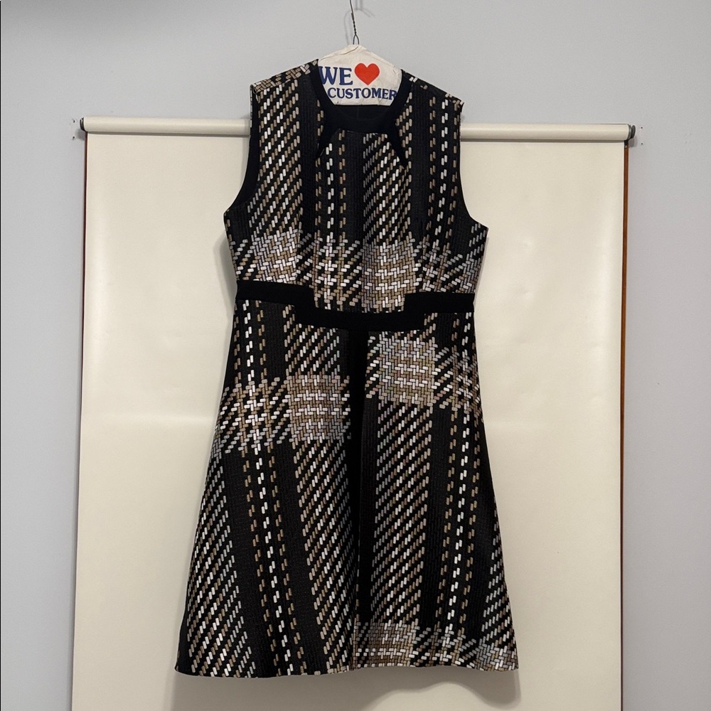 Sleeveless Plaid A-Line Dress in Black and Tan